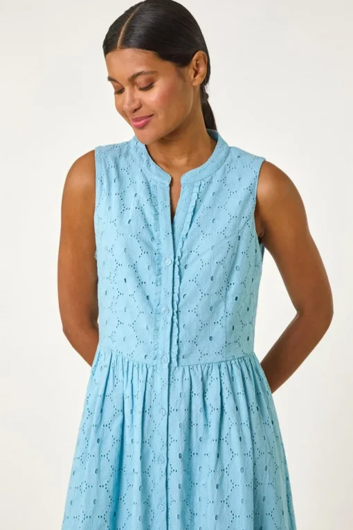 Roman Light Blue Floral Cotton Broderie Midi Dress
