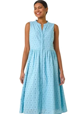 Roman Light Blue Floral Cotton Broderie Midi Dress
