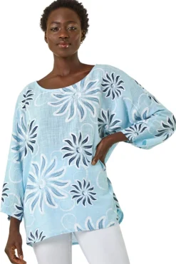 Roman Light Blue Floral Print Tunic Top