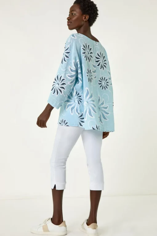 Roman Light Blue Floral Print Tunic Top