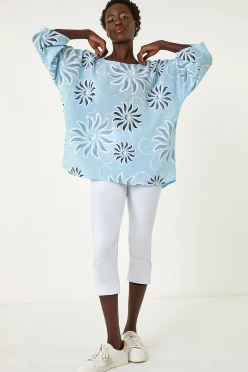 Roman Light Blue Floral Print Tunic Top