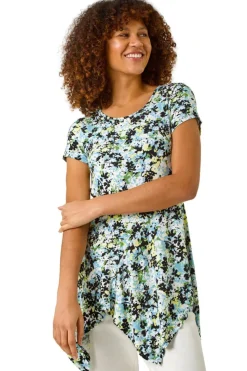 Roman Light Blue Floral Print Hanky Hem Top