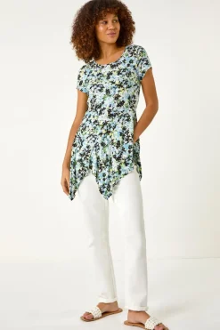 Roman Light Blue Floral Print Hanky Hem Top