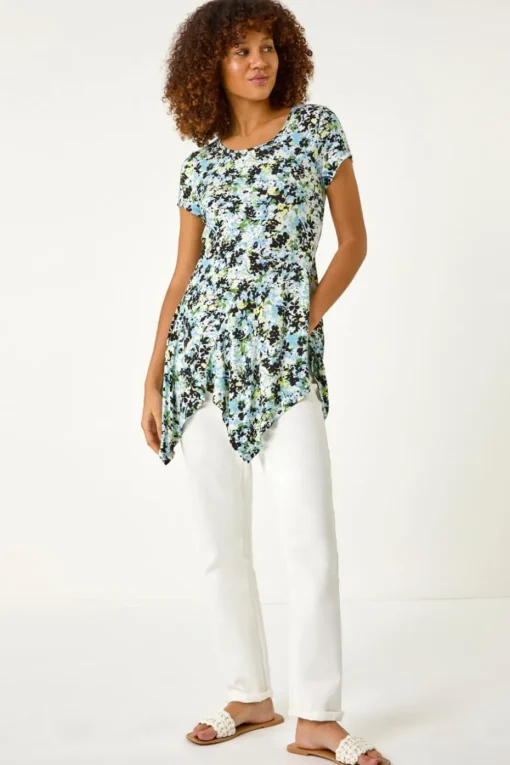 Roman Light Blue Floral Print Hanky Hem Top