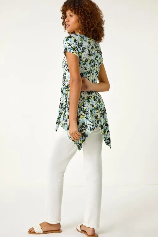 Roman Light Blue Floral Print Hanky Hem Top