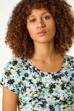 Roman Light Blue Floral Print Hanky Hem Top