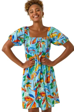 Roman Light Blue Leaf Print Shirred Short Dress