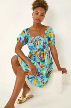 Roman Light Blue Leaf Print Shirred Short Dress