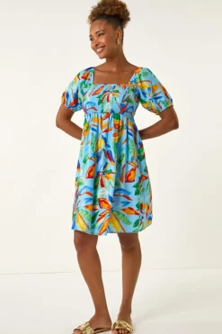 Roman Light Blue Leaf Print Shirred Short Dress