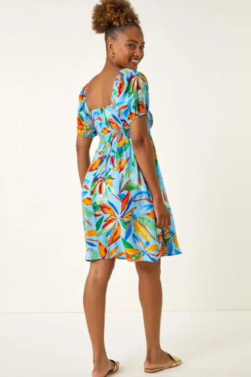 Roman Light Blue Leaf Print Shirred Short Dress