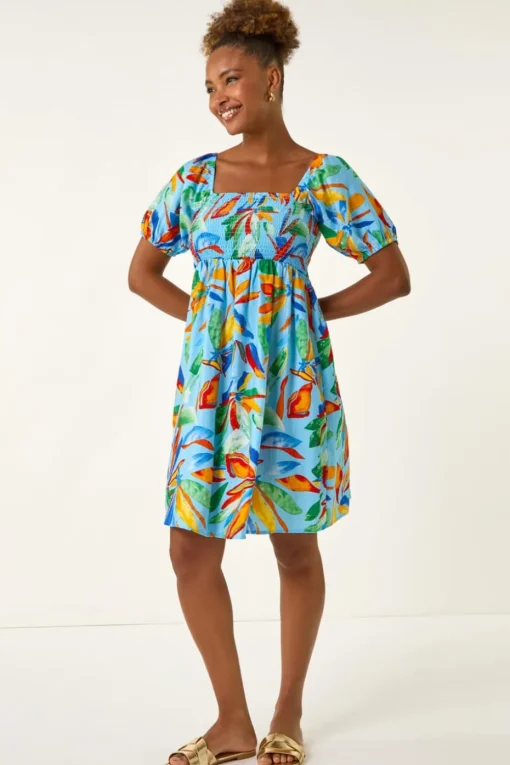 Roman Light Blue Leaf Print Shirred Short Dress