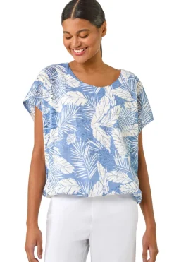 Roman Light Blue Leaf Print Lace Bubble Hem Top