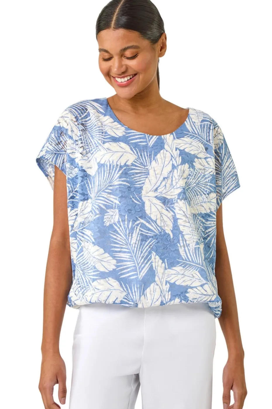 Roman Light Blue Leaf Print Lace Bubble Hem Top