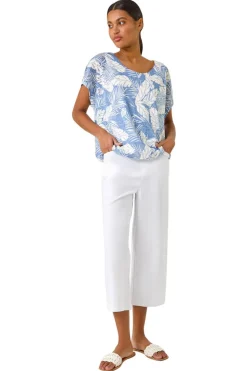 Roman Light Blue Leaf Print Lace Bubble Hem Top