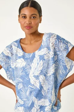Roman Light Blue Leaf Print Lace Bubble Hem Top