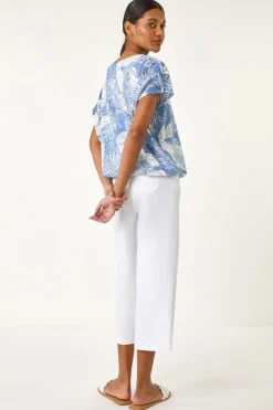 Roman Light Blue Leaf Print Lace Bubble Hem Top