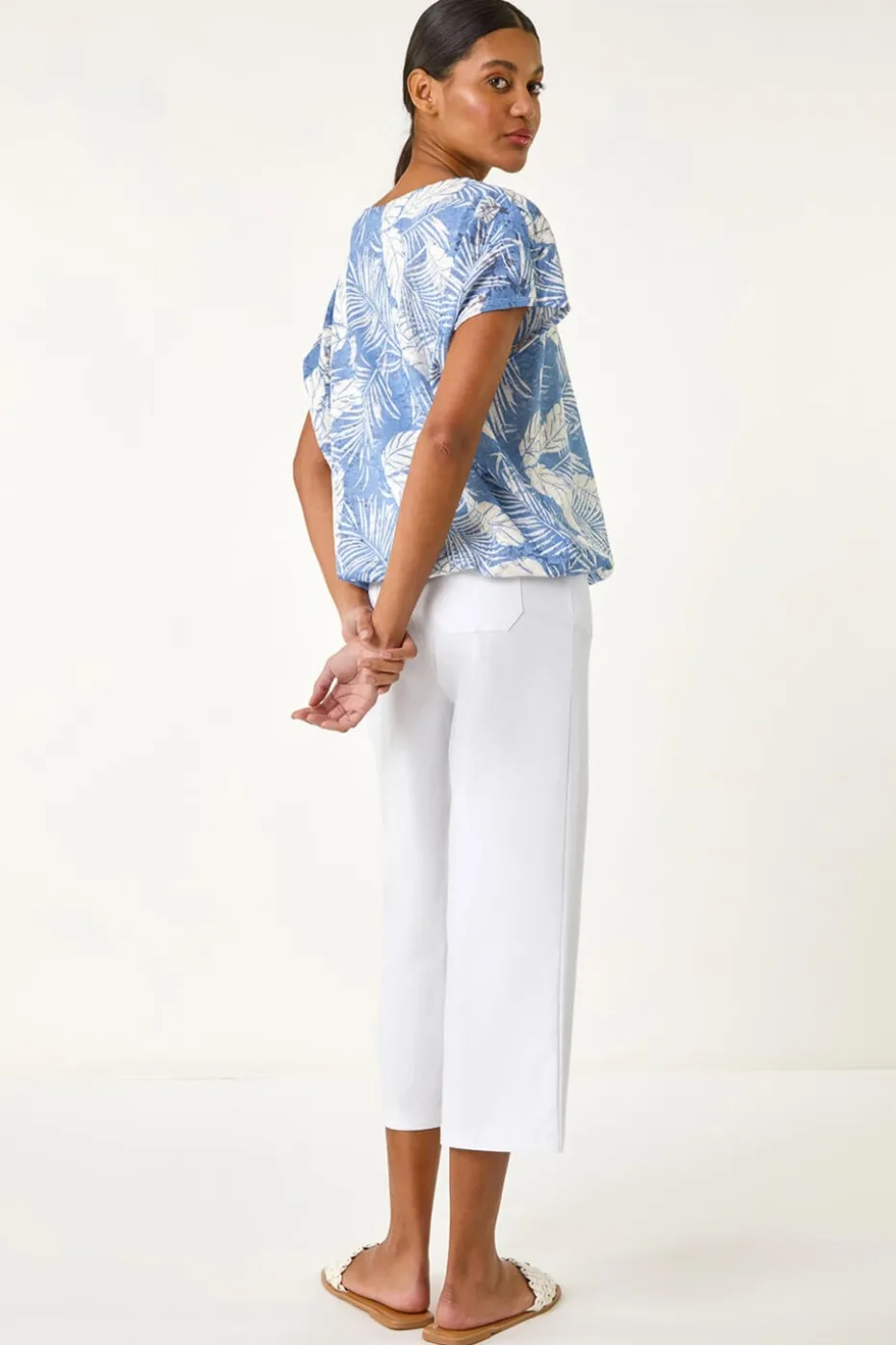 Roman Light Blue Leaf Print Lace Bubble Hem Top