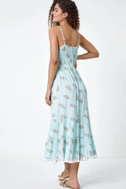 Roman Light Blue Metallic Leaf Print Shirred Maxi Dress
