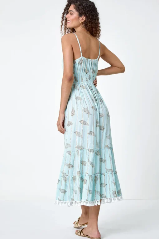 Roman Light Blue Metallic Leaf Print Shirred Maxi Dress
