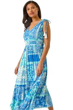 Roman Light Blue Patchwork Shimmer Maxi Dress