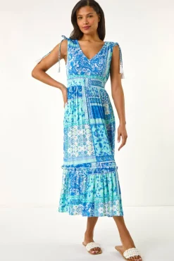 Roman Light Blue Patchwork Shimmer Maxi Dress