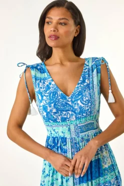 Roman Light Blue Patchwork Shimmer Maxi Dress