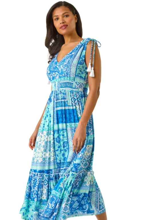Roman Light Blue Patchwork Shimmer Maxi Dress