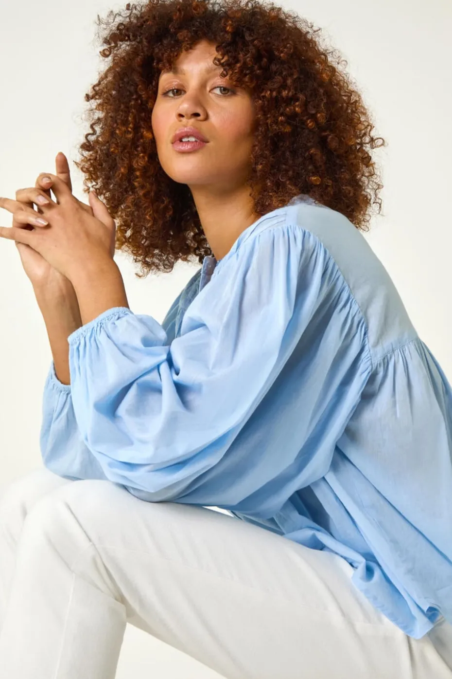 Roman Light Blue Pleat Detail Button Through Blouse