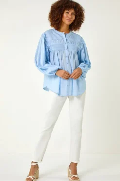 Roman Light Blue Pleat Detail Button Through Blouse