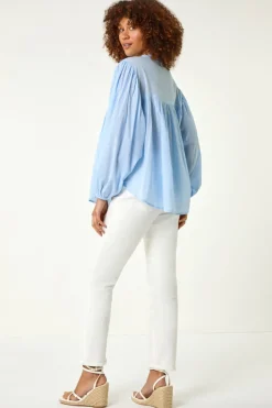 Roman Light Blue Pleat Detail Button Through Blouse