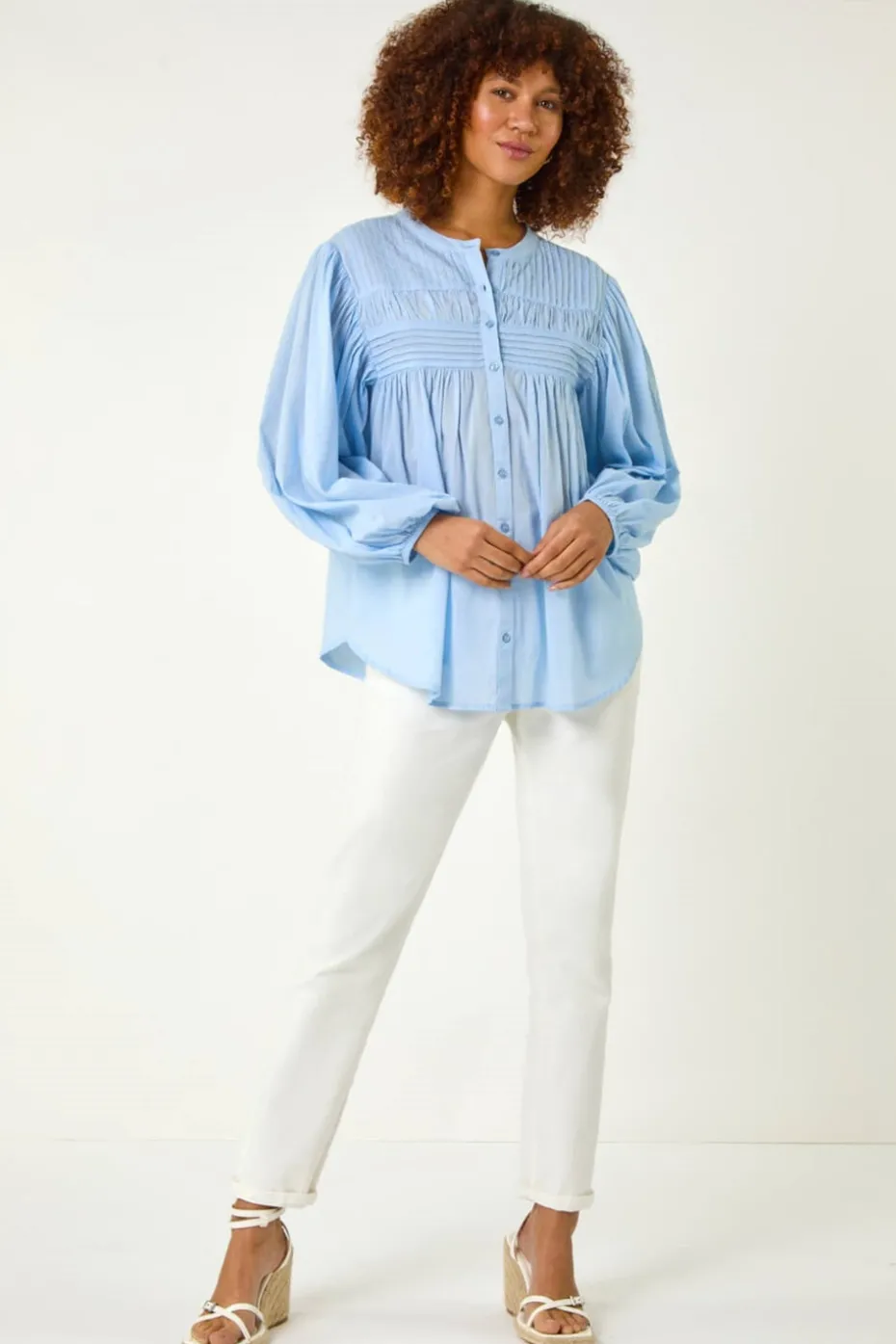 Roman Light Blue Pleat Detail Button Through Blouse
