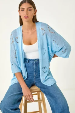 Roman Light Blue Pointelle Heart Knit Cardigan