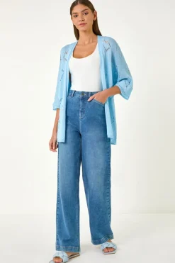 Roman Light Blue Pointelle Heart Knit Cardigan