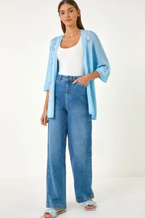 Roman Light Blue Pointelle Heart Knit Cardigan