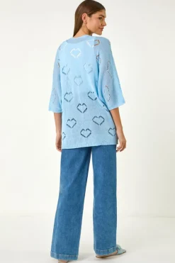 Roman Light Blue Pointelle Heart Knit Cardigan