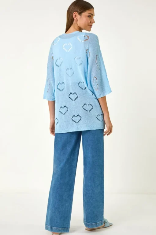 Roman Light Blue Pointelle Heart Knit Cardigan
