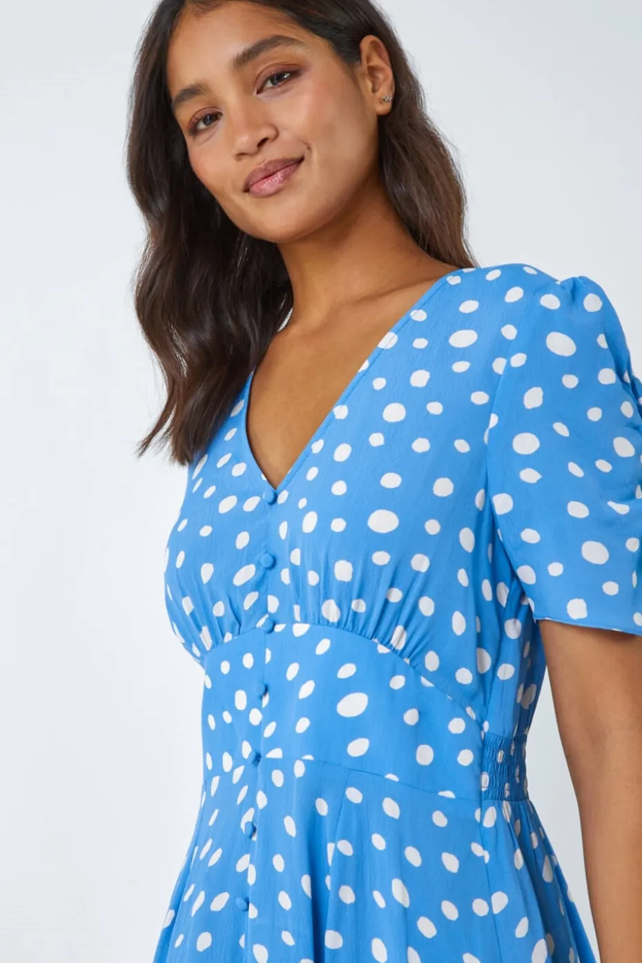 Roman Light Blue Polka Dot Ruched Sleeve Midi Dress
