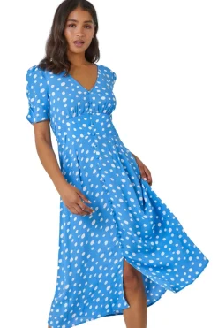 Roman Light Blue Polka Dot Ruched Sleeve Midi Dress