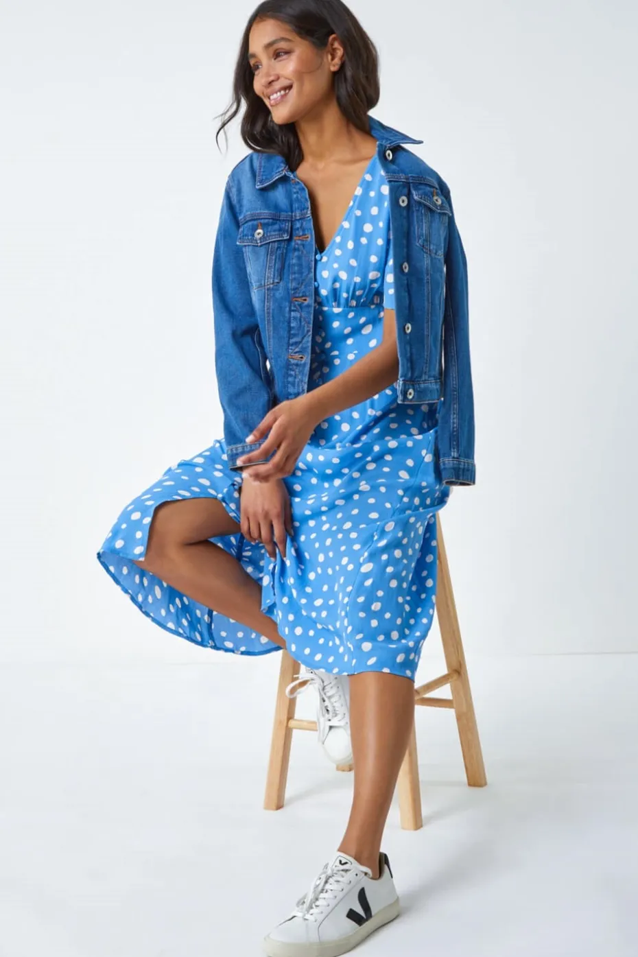 Roman Light Blue Polka Dot Ruched Sleeve Midi Dress
