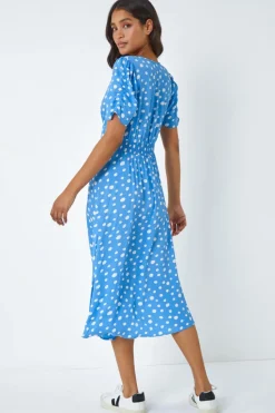 Roman Light Blue Polka Dot Ruched Sleeve Midi Dress