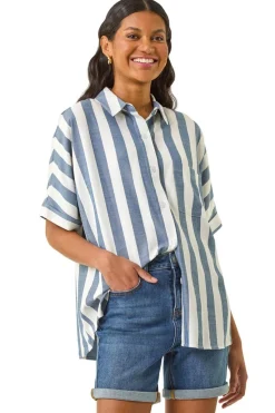 Roman Light Blue Stripe Print Button Detail Shirt
