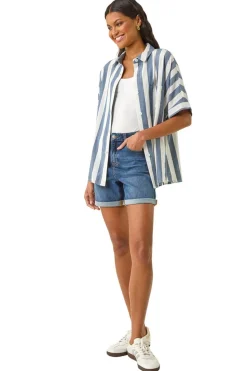 Roman Light Blue Stripe Print Button Detail Shirt