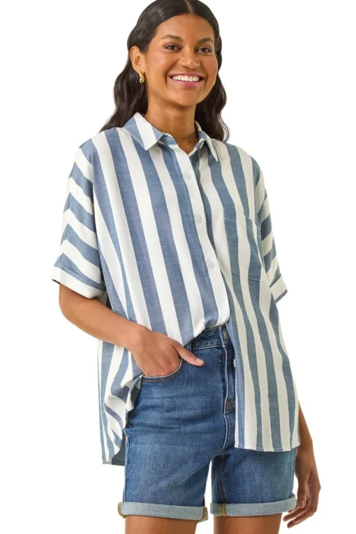 Roman Light Blue Stripe Print Button Detail Shirt