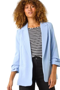 Roman Light Blue Tailored Ruched Sleeve Stretch Blazer
