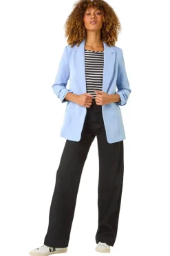 Roman Light Blue Tailored Ruched Sleeve Stretch Blazer