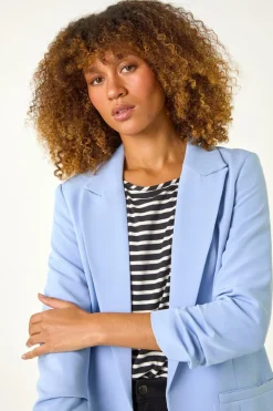 Roman Light Blue Tailored Ruched Sleeve Stretch Blazer