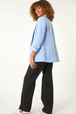 Roman Light Blue Tailored Ruched Sleeve Stretch Blazer