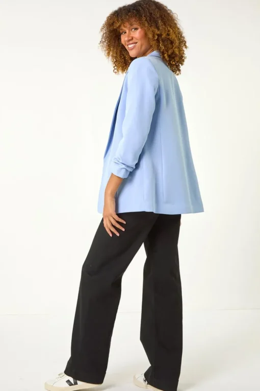 Roman Light Blue Tailored Ruched Sleeve Stretch Blazer