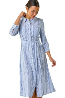 Roman Light Blue Textured Stripe Belted Shirt Dress