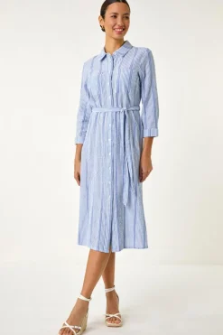 Roman Light Blue Textured Stripe Belted Shirt Dress